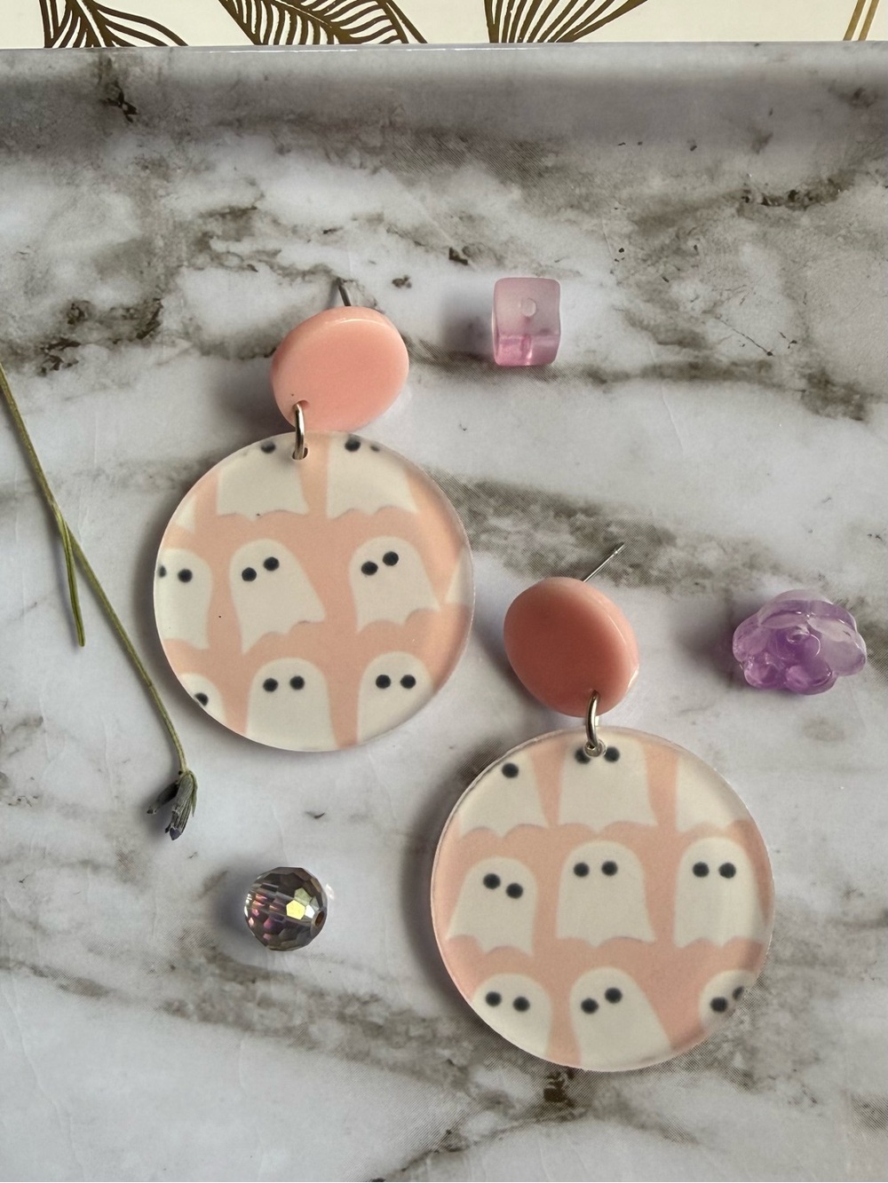 Ghost Print Pink Dangle Earrings